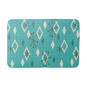Mid Century Diamonds Starbursts Turquoise Bath Mat