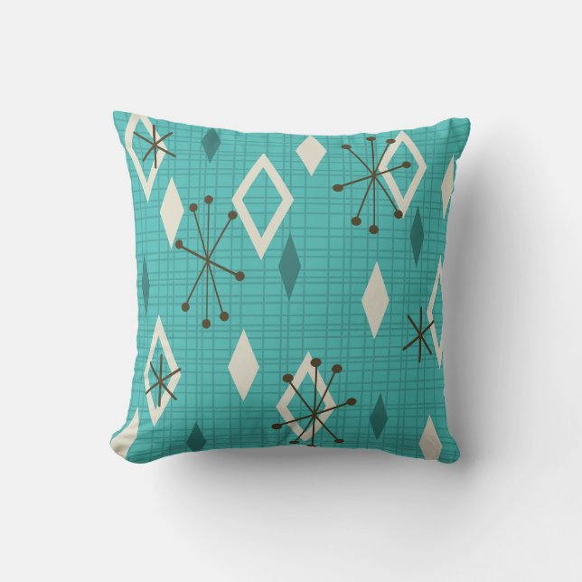 Mid Century Diamonds Starbursts Turquoise Cushion (Front)