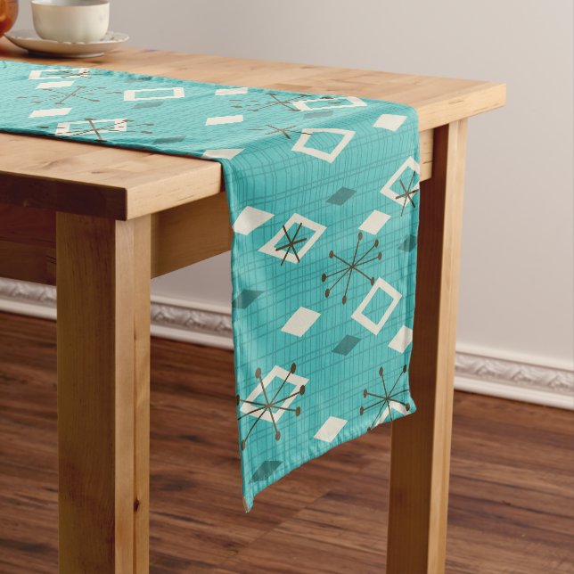 Mid Century Diamonds Starbursts Turquoise Short Table Runner (In Situ)