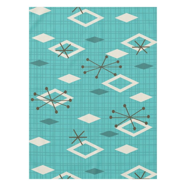 Mid Century Diamonds Starbursts Turquoise Tablecloth (Front)