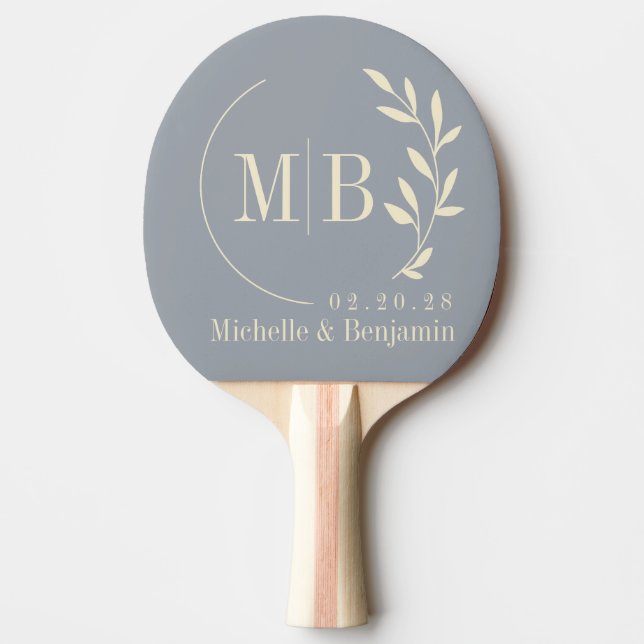 Mid-Century Dove Grey Leaf Wedding Monogram Ping Pong Paddle (Front)