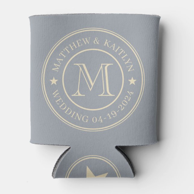 Mid-Century Dove Grey Wedding Monogram Star Can Cooler (Front)