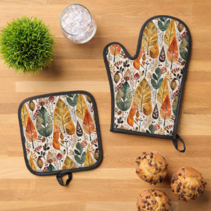 Mid-Century Fall Forest Oven Mitt & Pot Holder Set
