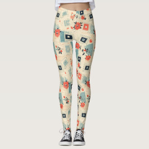 Mid Century Film Slide Coral Blue Floral Leggings