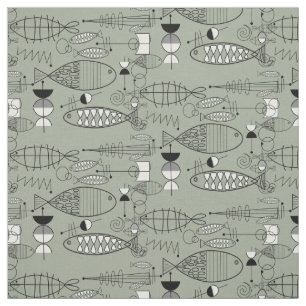 Mid-Century Fish Art Black White Green Fabric