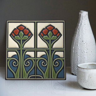 Mid-Century Flower Symmetry Arts Crafts Movement Ceramic Tile