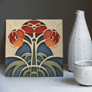 Mid-Century Flower Symmetry Arts Crafts Movement Ceramic Tile
