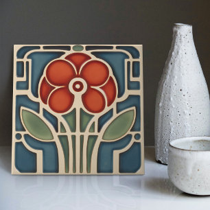 Mid-Century Flower Symmetry Arts Crafts Movement Ceramic Tile