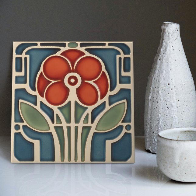 Mid-Century Flower Symmetry Arts Crafts Movement Ceramic Tile (Creator Uploaded)