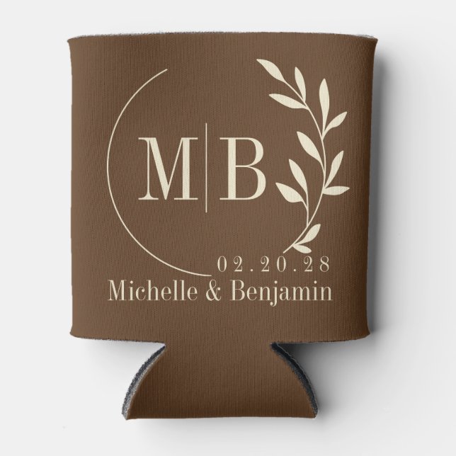 Mid-Century Forest Brown Leaf Wedding Monogram Can Cooler (Front)