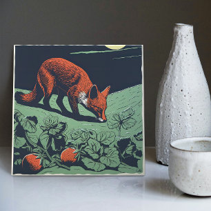 Mid-Century Foxy Strawberry Hunt: Enchanting Ceramic Tile