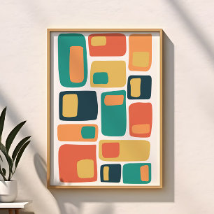 Mid Century Funky Geometric Shapes Orange, Teal Poster