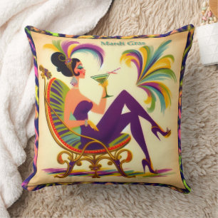 Mid Century Futuristic Mardi Gras Martini Woman Cushion