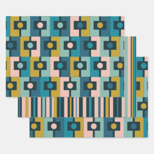 Mid Century Geometric Blue Blush Ochre Patterns Wrapping Paper Sheet