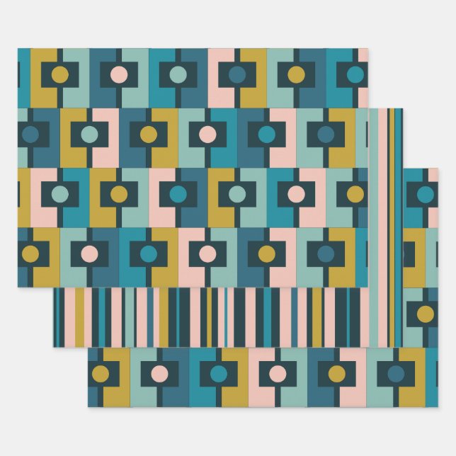 Mid Century Geometric Blue Blush Ochre Patterns Wrapping Paper Sheet (Set)
