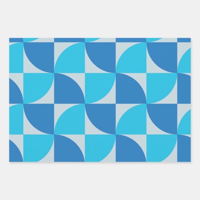 Mid century Geometric Blue Shapes Pattern Wrapping Paper Sheet (Front)