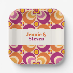 Mid Century Geometric Floral Purple Orange Paper Plate