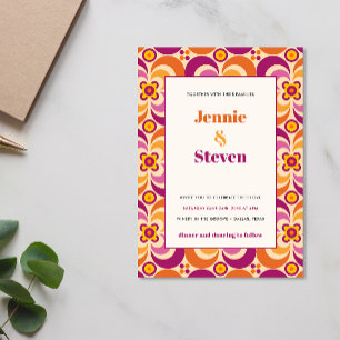 Mid Century Geometric Modern Purple Orange wedding Invitation