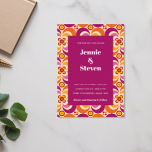 Mid Century Geometric Modern Purple Orange wedding Invitation