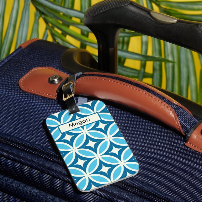 Mid Century Geometric Pattern Blue Monogram  Luggage Tag (Front Insitu 1)