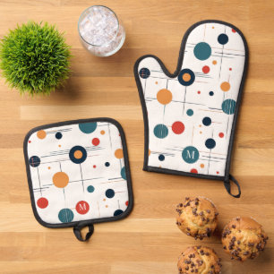 Mid Century Geometric Pattern Oven Mitt & Pot Holder Set