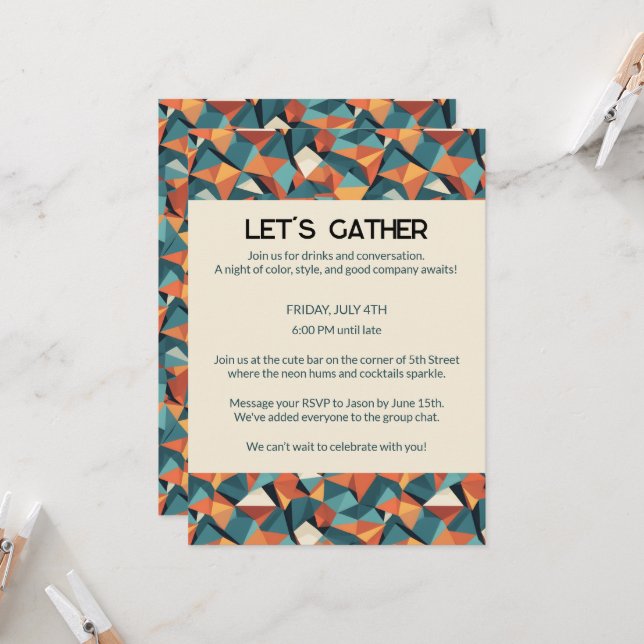 Mid-Century Geometric Teal & Orange | Custom Invitation (Front/Back In Situ)