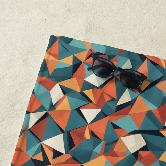 Mid-Century Geometric Teal & Orange Pattern Beach Towel (In Situ)