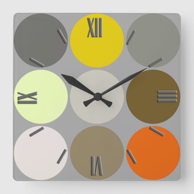 Mid-Century Giant Dots, Grey, Gold and Orange  Square Wall Clock (Front)