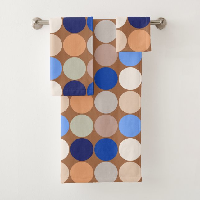 Mid-Century Giant Dots, Taupe Tan, Beige and Blue Bath Towel Set (Insitu)