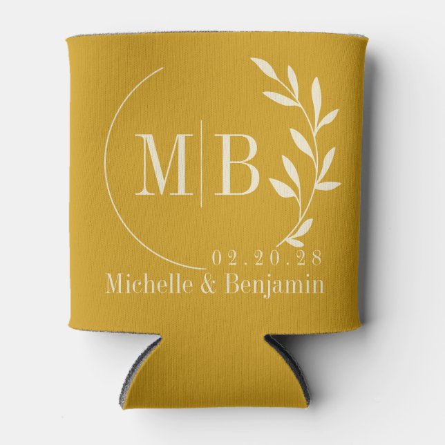 Mid-Century Golden Ochre Leaf Wedding Monogram Can Cooler (Front)