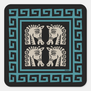 Mid Century Greek Key with Horses Square Sticker