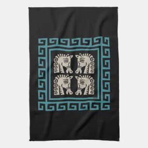 Mid Century Greek Key with Horses Tea Towel