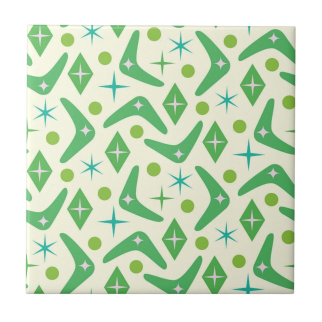 Mid Century Green Boomerangs with Starbursts  Ceramic Tile (Front)