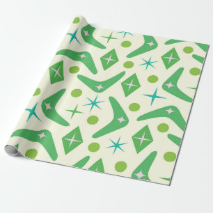 Mid Century Green Boomerangs with Starbursts Wrapping Paper