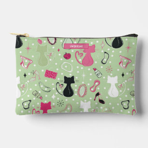 Mid Century Green Heart Cats Accessory Pouch