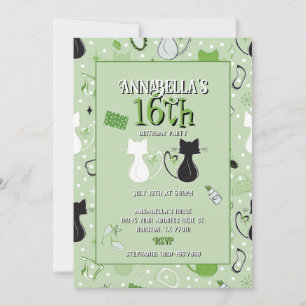Mid Century Green Heart Cats Birthday Invitation