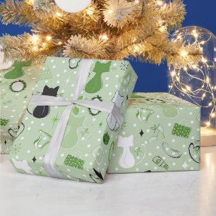 Mid Century Green Heart Cats Wrapping Paper