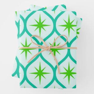 Mid Century Green Starbursts on Ogee Pattern  Wrapping Paper Sheet