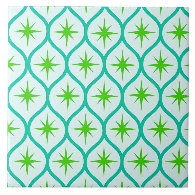 Mid Century Green Starbursts on Ovals Pattern  Ceramic Tile (Front)