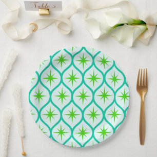 Mid Century Green Starbursts on Ovals Pattern Paper Plate
