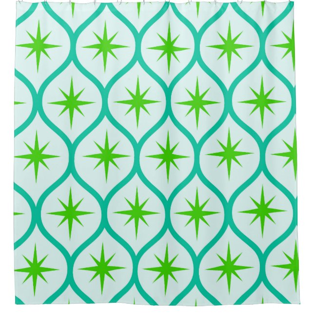 Mid Century Green Starbursts on Ovals Pattern  Shower Curtain (Front)