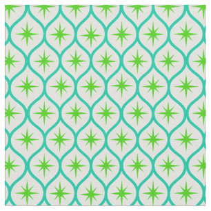 Mid Century Green Starbursts on teal Ovals Pattern Fabric