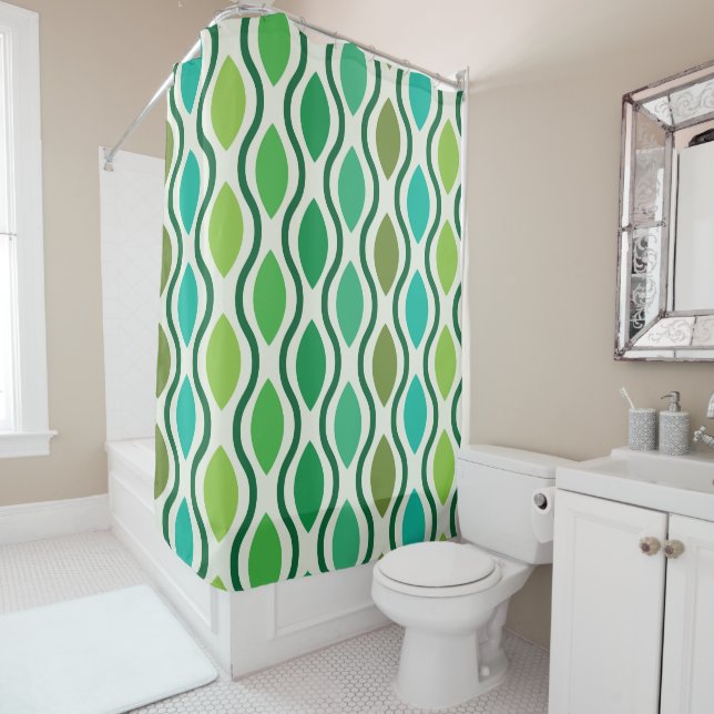 Mid Century Green Teal Geometric Ogee Shapes  Shower Curtain (In Situ)