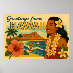 Mid Century Greetings From Hawaii Tourism Art Poster