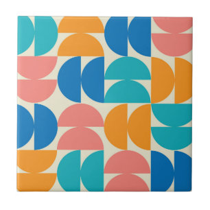 Mid Century Half Circles in Orange teal blue coral Ceramic Tile