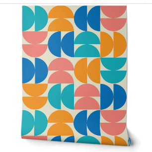 Mid Century Half Circles in Orange teal blue coral Wallpaper