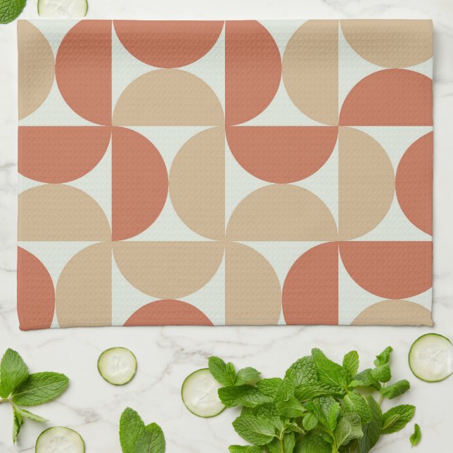 Mid Century Half Circles in Tan and Terracotta  Tea Towel (Folded)