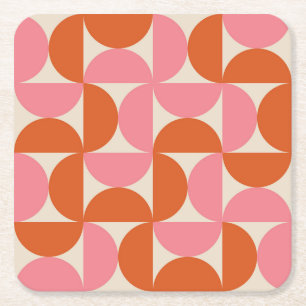Mid Century Half Circles Pink and Orange  Square Paper Coaster