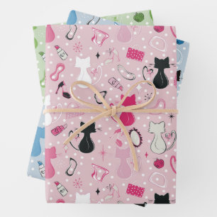 Mid Century Heart Cats Wrapping Paper Sheet