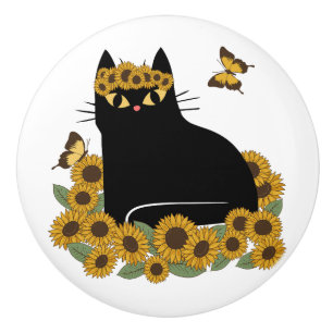 Mid Century hippie black cat Ceramic Knob